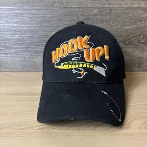 Hook Up Fishing Hat Cap Strap Back Mens Black Embroidered Lure Graphic Outdoors